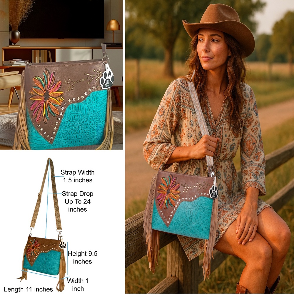 Western Fringe Crossbody Purse Flower Vegan Boho Bags Women Cowgirl Handbags - Picture 9 of 13